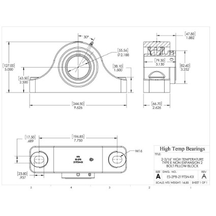 Picture of 2-3/16" High Temperature Type E Non Expansion 2 Bolt Pillow Block Heavy Duty Bearing