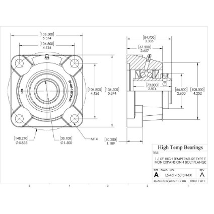 Picture of 1-1/2" High Temperature Type E Non Expansion 4 Bolt Flange Heavy Duty Bearing
