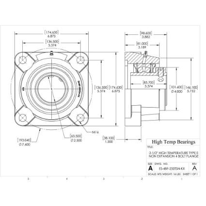 Picture of 2-1/2" High Temperature Type E Non Expansion 4 Bolt Flange Heavy Duty Bearing